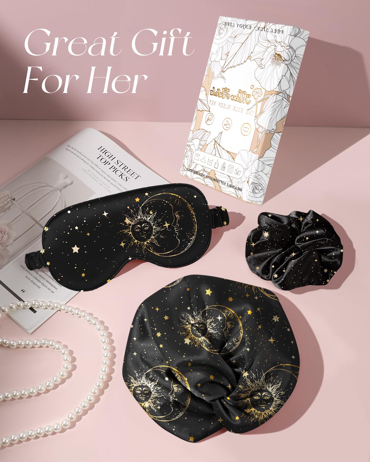 Miss Adola Silk Bonnet for Women - Mulberry Silk Sleep Cap for Hair Care with Eye Mask & Scrunchie 19 Momme Night Cap Sleeping Set with Elastic Stay On Head, Black Sun Moon