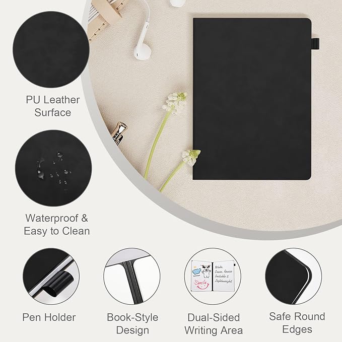 AGM Portable White Board Dry Erase Notebook, 12" x 9" Double Sided Folding Whiteboards with 3 Pens, Small Travel Dry Erase Board Skin-Friendly Material for Study, Meeting, Planning, Dark