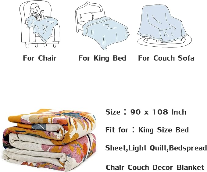 King Throw Blanket for Bed 100% Cotton Boho Ultra Soft Rustic Quilt Butterfly and Floral Double Embroidery Fall King Bed Blanket,90"×108" All Season Blankets for Bedding Couch