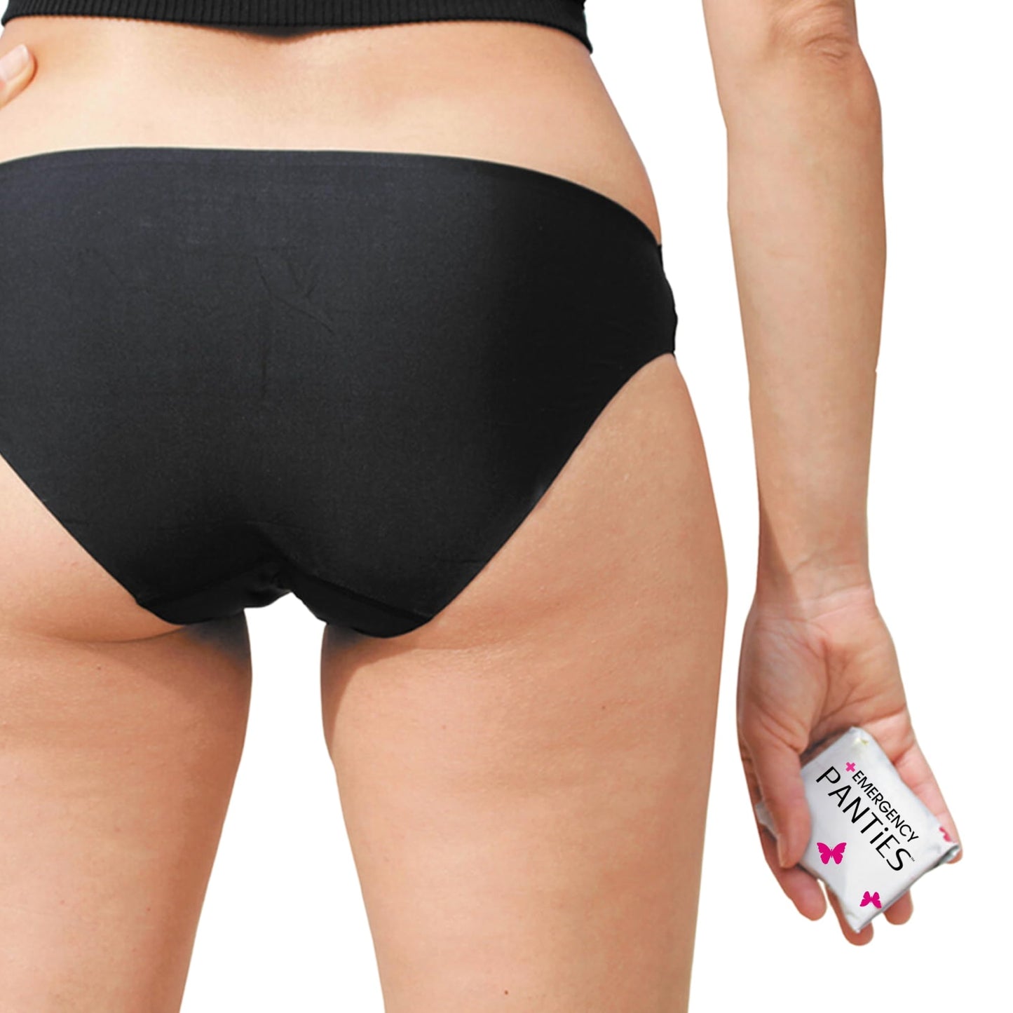 Emergency Panties 4in1 Kit Includes Seamless Bikini Underwear, Fresh Wipe & Liner Accidents Travel On-The-Go Hygiene Toiletry Kit Black Bikini