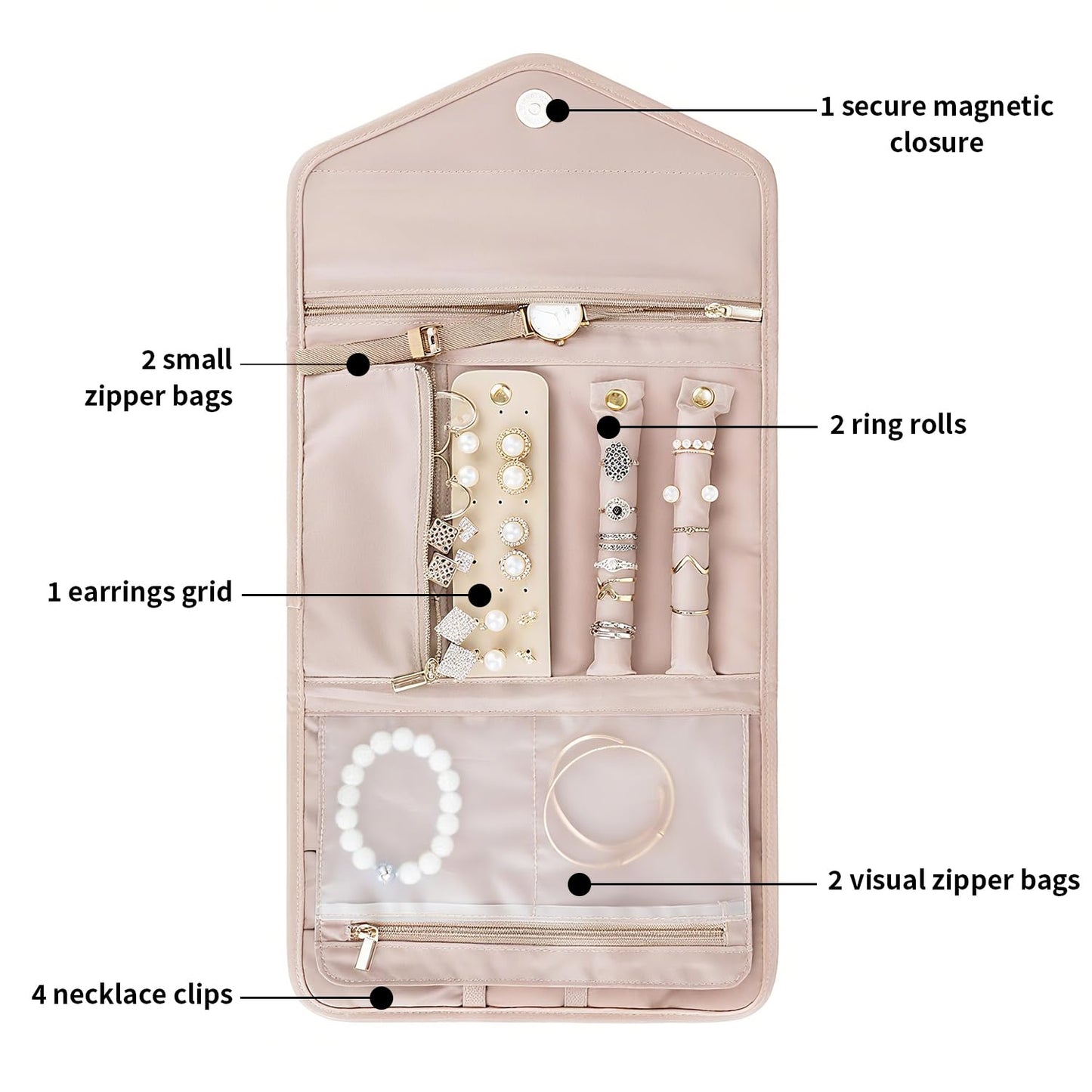 TxufrDo Travel Jewelry Case Organizer Roll Foldable Jewelry Case for Journey-Rings Necklaces Earrings Bracelets Brooches Portable Travel Essentials Pink
