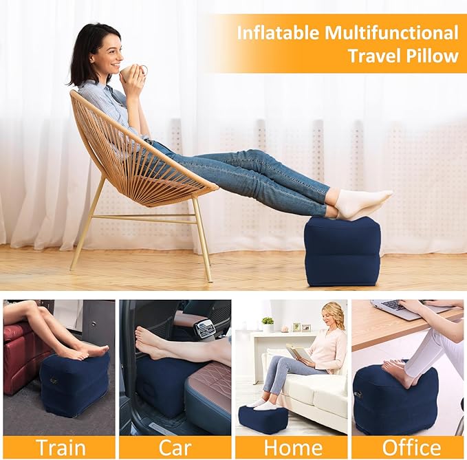 Inflatable Foot Rest Pillow for Travel - Adjustable Height Flight Foot Rest with Eye Mask and Earplugs for Kids & Adults on Airplane, Car, Train, Office, and Home (Blue, 2 PCS)