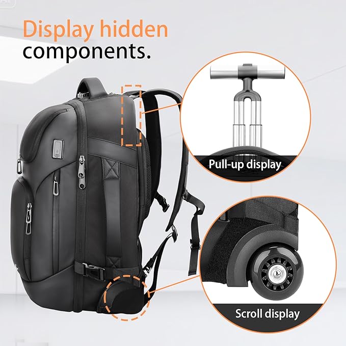 Backpack for Men,17.3" Anti Theft Convertible Laptop Backpack with Wheels,50L Rfid Personal Item Wheeled Backpack for Travel Business Work, Black