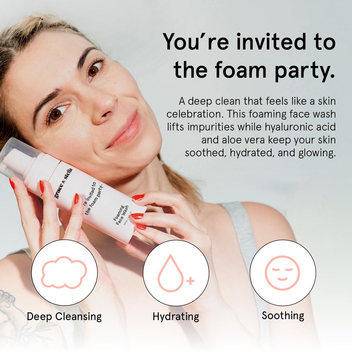 grace & stella Award Winning Travel Face Wash (60ml) Hydrating & Gentle Foaming Facial Cleanser with Hyaluronic Acid, Rose Water, Aloe Vera - Moisturizing Cleansing Foam for Normal to Very Dry Skin