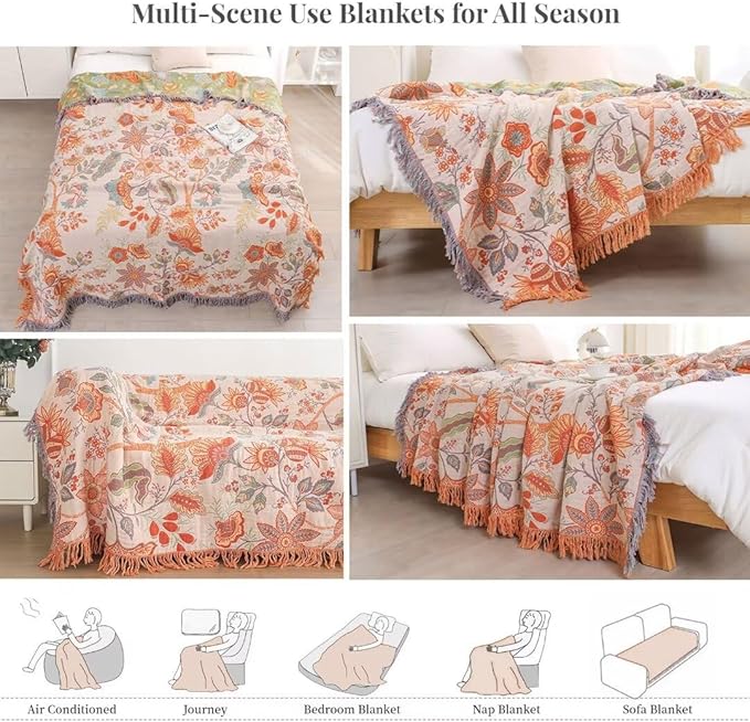 Boho Throw Blankets for Bed Couch, 100% Soft Cozy Cotton Rustic Quilt 80"x90",Lightweight Reversible Muslin Farmhouse Decor Fall Throw Blankets for Armchair,Picnic,Sofa,Couch Best Gifts