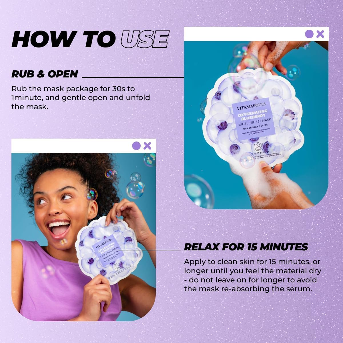 Vitamasques Blueberry Oxygenating Bubble Face Mask, Pore Cleanse and Detox, Deeply cleansing action, with bubbling fun (Pack of 3)