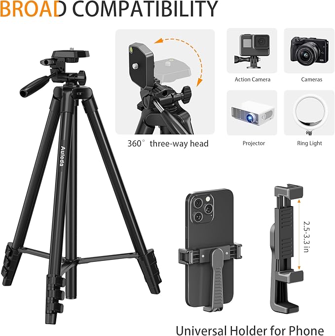 60″ Camera Tripod Lightweight Travel Tripod Stand Compatible with Canon Nikon DSLR Cameras with Wireless Remote Phone Holder and Bag Max Load 6.6 LB Black