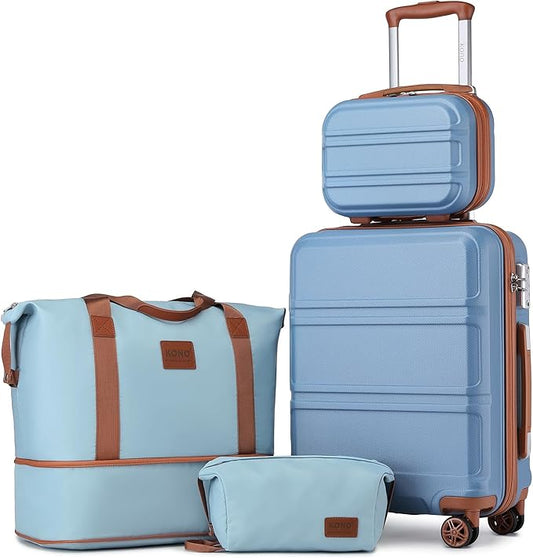 Kono Luggage Set 4 Piece Carry On Hardside Luggage with TSA Lock Spinner Wheels Carry On Suitcase Apricot Blue