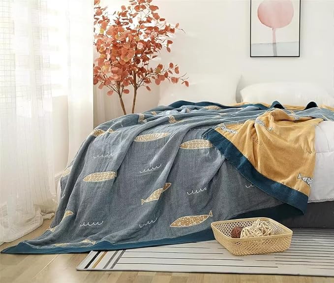 Boho 100% Organic Cotton Throw Blanket for Bed Ultra Soft Farmhouse Reversible Blanket for Bedroom Living Sofa Couch,Muslin Rustic Quilt for Home Decor Gift 60"x80"