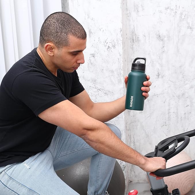 BJPKPK Insulated Water Bottles with Straw Lid, 27oz Stainless Steel Water Bottle with 3 Lids, Leak Proof BPA Free Metal Thermo, Mugs, Tumblers, Keep Cold Hot - Teakwood