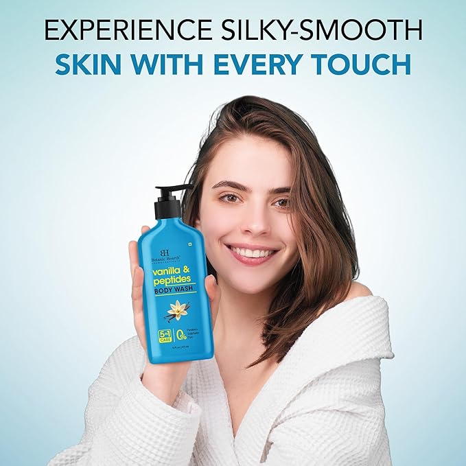 Botanic Hearth Vanilla & Peptides Body Wash – Hydrating Shower Gel with 5 in 1 Care, Sulphate & Paraben Free, Gentle Daily Cleanser for All Skin Types, 16 fl oz
