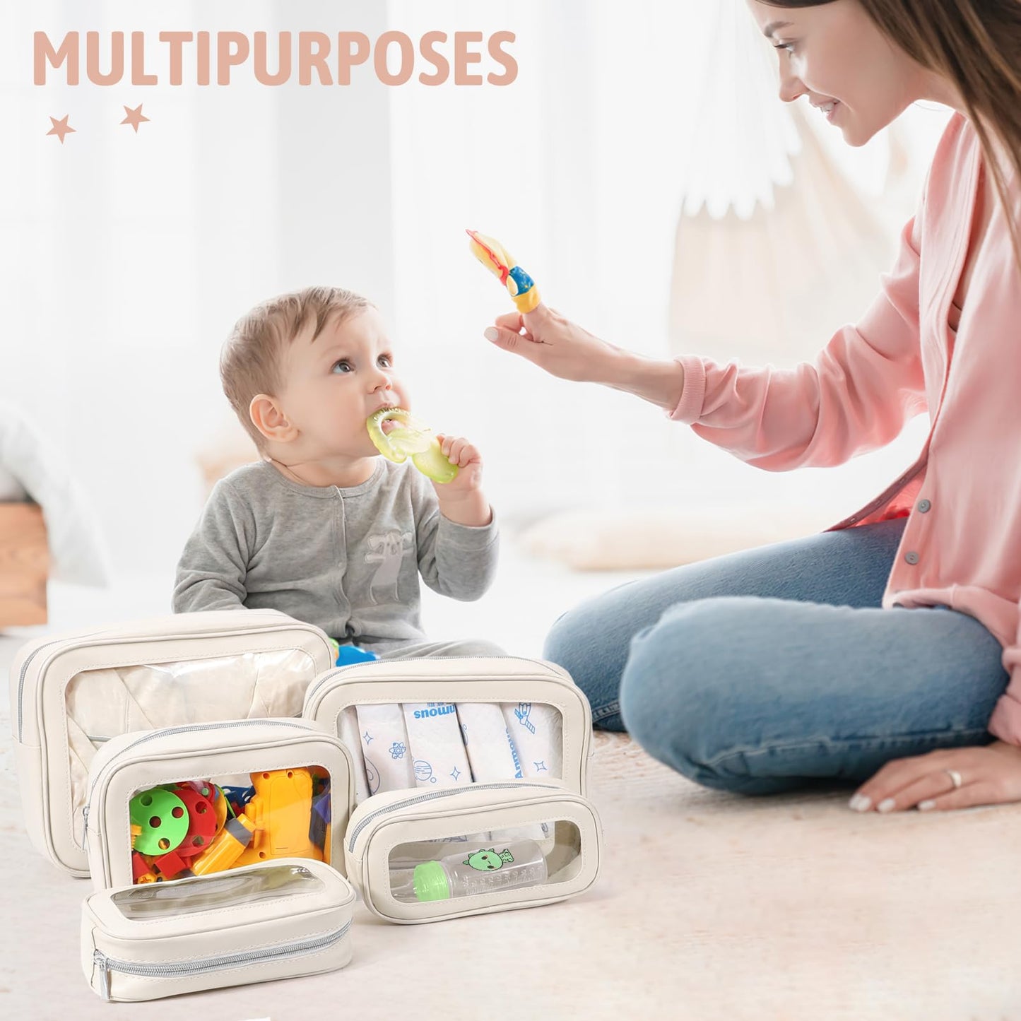 YOPCDJ 5PCS Diaper Bag Organizer Pouch Set, TSA Approved Toiletry Bag，Clear Waterproof TPU Makeup Bag Set Travel Organizer Bags for Women and Kids