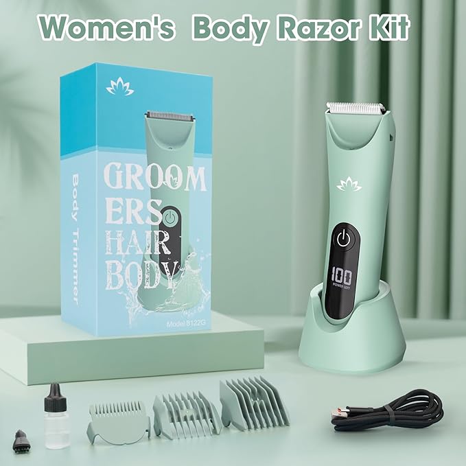 Bikini Trimmer for Women, Painless Pubic Hair Trimmer for Armpit Leg Arm Body Private Area,Rechargeable Womens Electric Razors Shaver LED Light Ceramic Blade IPX7 Waterproof Wet/Dry LCD Display,Green