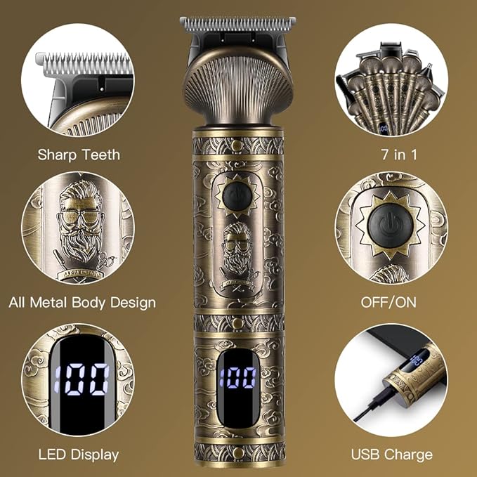 Beard Trimmer Kit Professional Hair Clipper Zero Gapped T-Blade Electric Shaver Razor Nose Body Trimmer for Men Cordless Grooming Kit 7 in 1