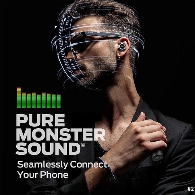Monster Clarity 101 AirLinks Wireless Earbuds, Bluetooth 5.0 in-Ear Headphones with Charging Case, Stereo Earphones Deep Bass Sound, IPX5 Waterproof, Built-in Mic, Clear Call, Secure Fit for Sports