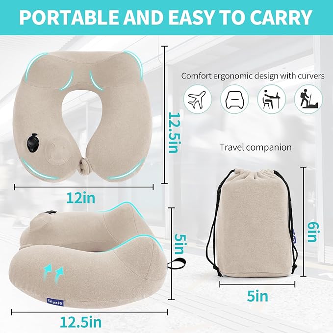 Inflatable Travel Neck Pillow for Airplane, Head Support Velvet Adult Neck Pillow for Long Flight, Kit with Eye Mask, Earplugs and Storage Bag,1, Beige