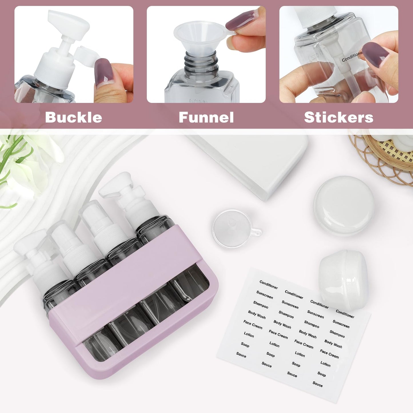 SyuCeia TSA Approved Travel Bottles - Leak Proof BPA-Free Plastic Toiletries Bottles for Shampoo, Lotion & Conditioner | Refillable Travel-Size Containers | Airplane Carry-On Essentials (Pink)