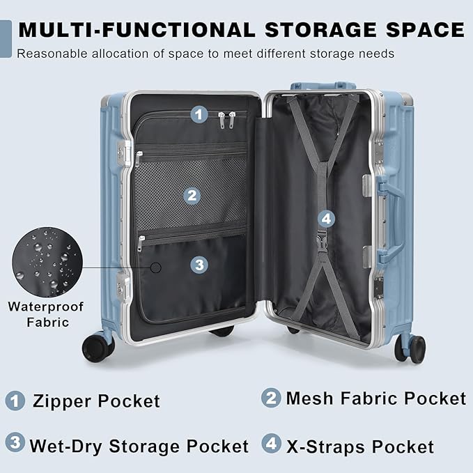 AnyZip Luggage Sets 2 Piece Aluminum Frame Carry On and Checked Suitcase PC ABS Hard Shell TSA Lock No Zipper(Hazeblue, 20/28)