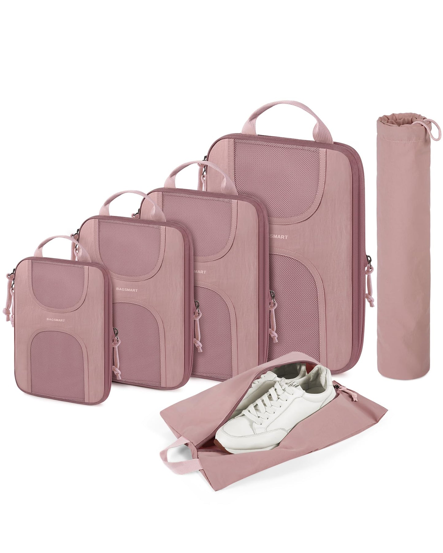 BAGSMART Compression Packing Cubes for Travel, 6 Set Packing Cubes for Suitcases, Lightweight Suitcases Organizers Bag Set & Compression Cubes, Travel Essentials Packing Organizers Dusty Pink