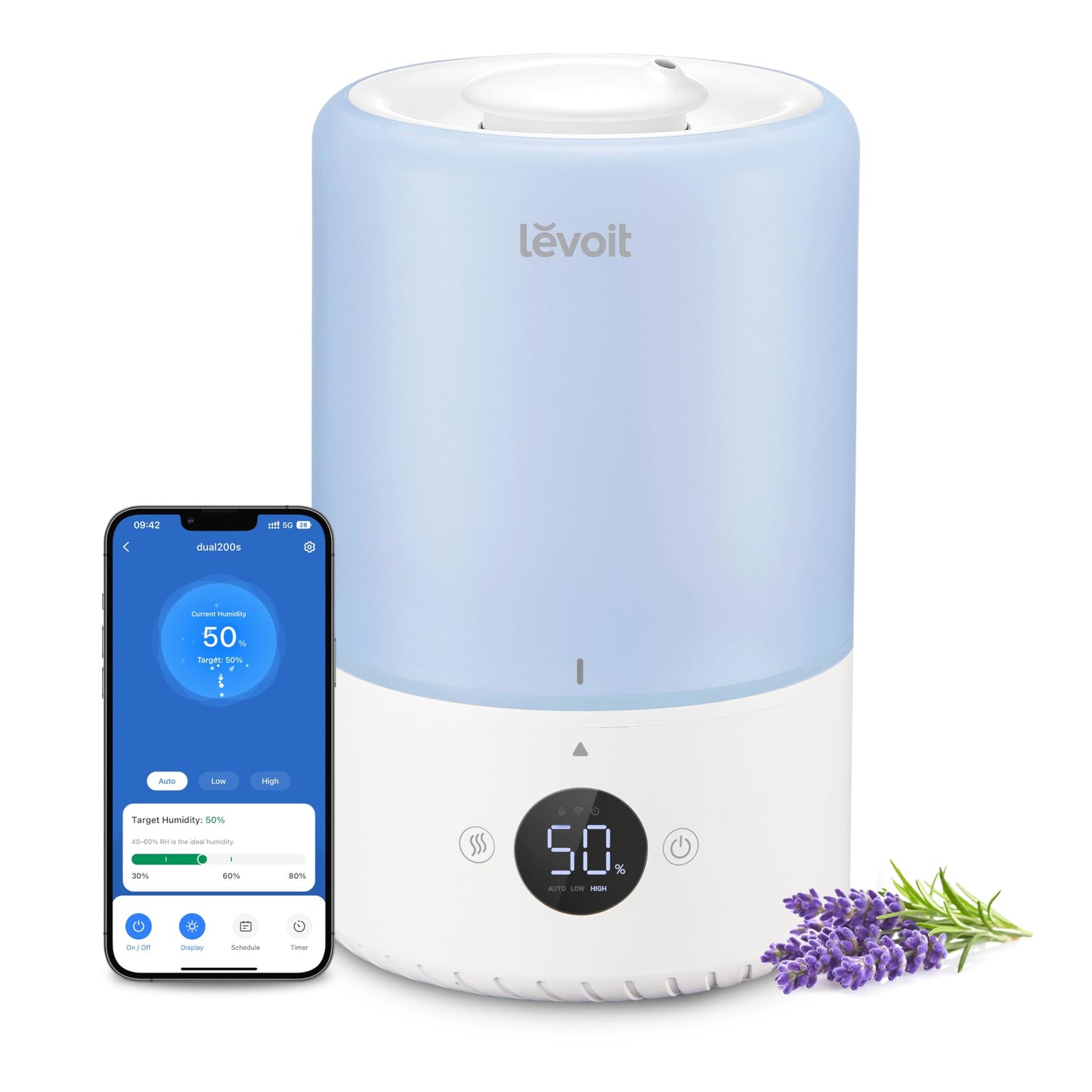 LEVOIT Smart Humidifiers for Bedroom Baby, Top Fill, Customize Humidity for Home, Plants with Humidistat, Essential Oil Diffuser, Schedule, Timer, APP & Voice Control, 3L, Blue
