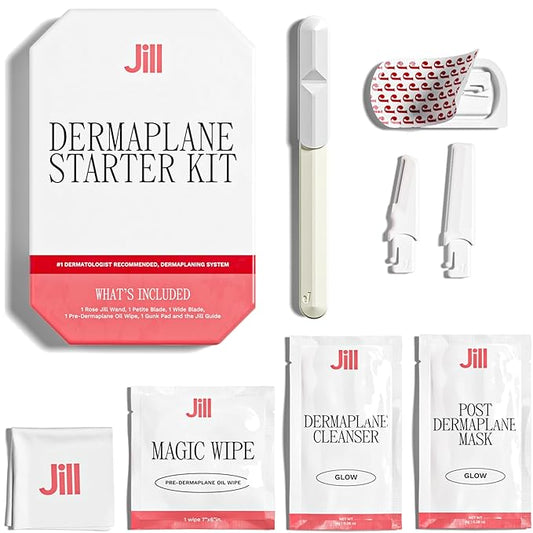 Jill Dermaplane Starter Kit for Women in Cream – Facial Razor & Exfoliating Blade Set with Pre-Shave Magic Wipe, Gentle Skin Cleanser, Glow Moisturizer & 2 Disposable Dermaplane Blades