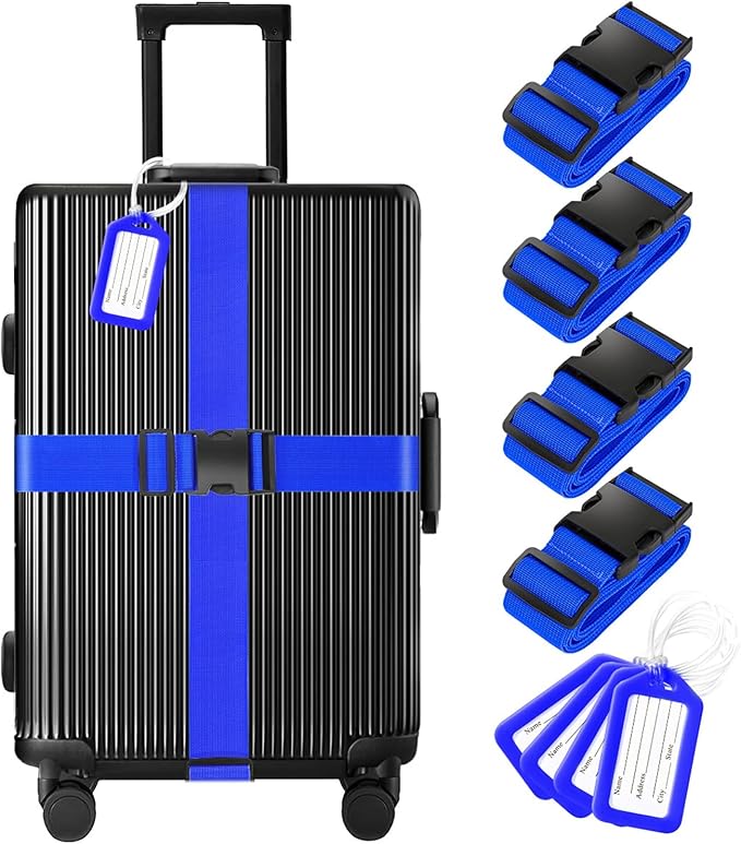8 Pack Luggage Straps and Tags Set (4 Straps, 4 Tags), Luggage Straps for Suitcases TSA Approved Suitcase Belt Luggage Tags, Blue