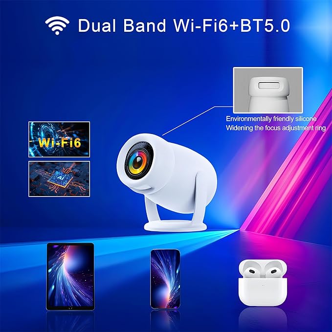 180°Mini Smart Portable Projector 4k with WiFi and Bluetooth for iphone,300ANSI Bedroom Ceiling Projector with Apps 1080P Home/Outdoor Projector for Video Game Console/PC/Laptop