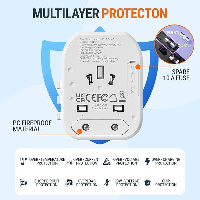 5 in 1 Universal Travel Adapter-10A | International Power Adapter with 2 USB C, 2 USB A Ports | 3.4A & 2400W Fast Portable Charger | Travel Adapter Worldwide Covering 200+ Countries- White