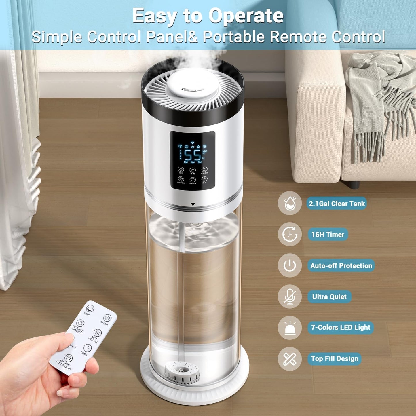 8L/2.1 Gal Humidifiers for Bedroom Large Room, 4 Levels Cool Mist Humidifier with Clear Tank, 7 Color Lights Essential Oil Diffuser with 16H Timer, Top Fill Air Humidifier for Home Plants Office