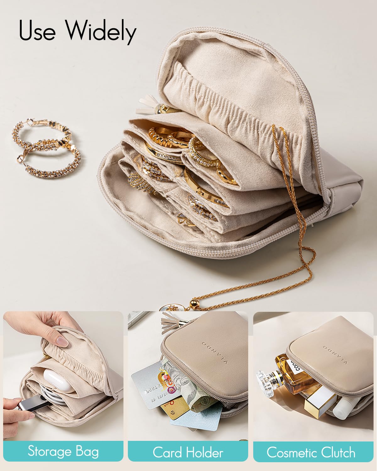 Vlando Small Travel Jewelry Case,Travel Gifts for Women,Jewelry Pouch Bags with Zipper,Velvet Jewelry Organizer Storage Bag for Bracelet Rings Earring-Cream White