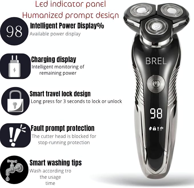 BREL Electric Razor for Men- 4-in-1 Multifunctional Grooming Kit for Beard, Head, and Face - Waterproof Rotary Shaver with Travel Lock and Long Battery Life