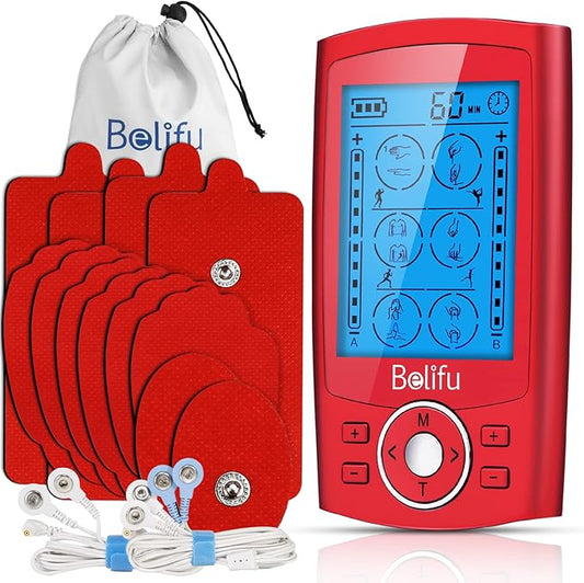 Belifu Dual Channel TENS EMS Unit with 12 Pads, 24 Modes Muscle Stimulator, Electronic Pulse Massager Muscle Massager for Pain Relief Therapy, Fastening Cable Ties, Dust-Proof Drawstring Storage Bag