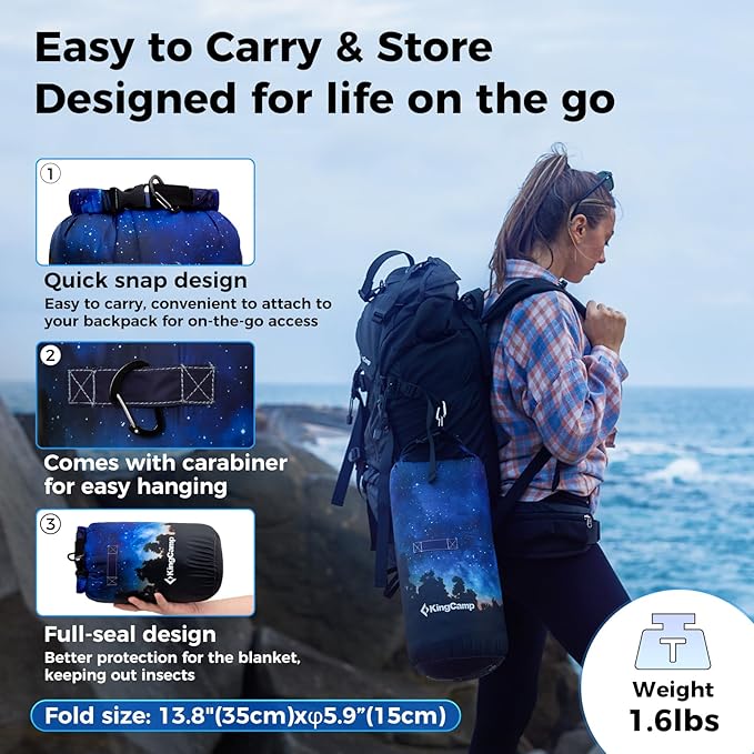 KingCamp Ultralight Camping Blanket, Packable Down Alternative Puffy Printed Wearable Blanket with Snap Buttons & Corner Loops Weatherproof Quilt for Outdoor Travel Stadium (79"L x 57"W, STARRYSKY)