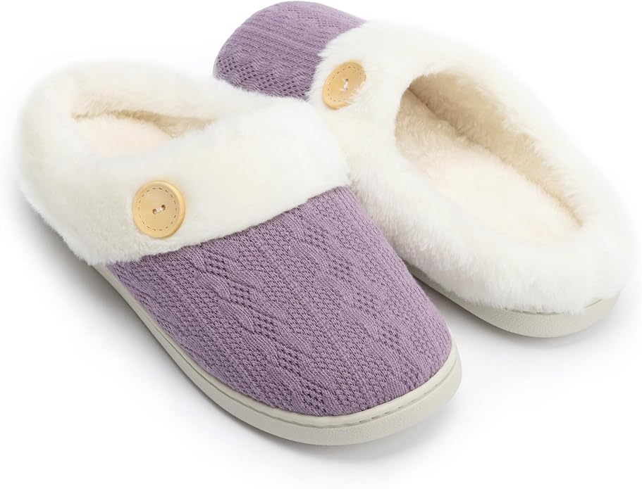 Chantomoo Womens Slipper Warm Comfy Memory Foam House Slippers Knitted Shoes Faux Fur Lined Anti-Skid Rubber Sole Bedroom Cozy Indoor Outdoor Slippers