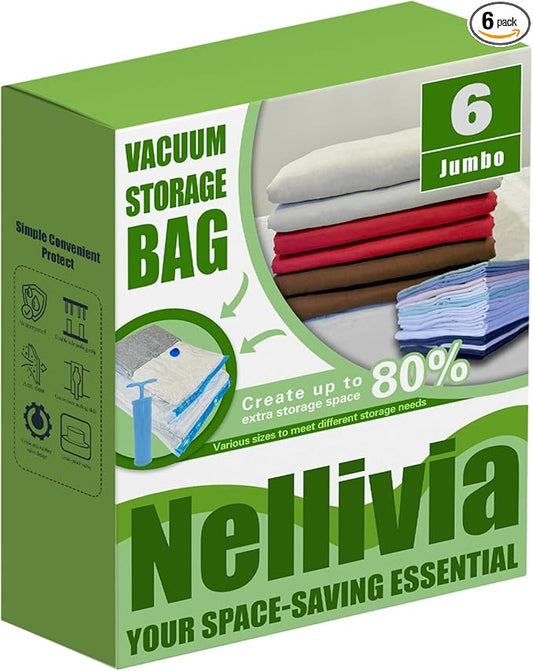 6 XL Jumbo Vacuum Storage Bags with Pump, Extra Large Compression Space Saver for Comforter, Duvet, Blanket, Bedding Storage, Vacuum Seal Bags for Clothing, Luggage Closet Organizer