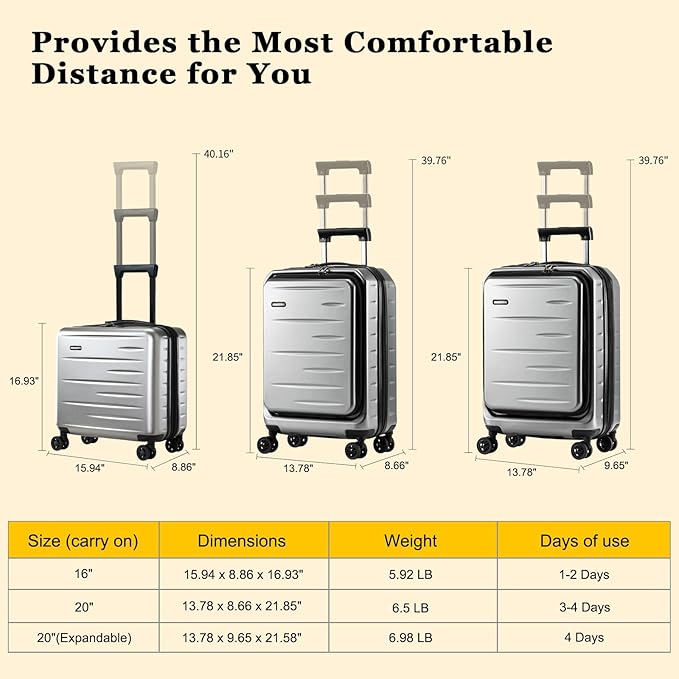 16 Inch Carry On Luggage Airline Approved, Expandable Lightweight ABS+PC Hard Shell Suitcases with 360° Spinner Wheels, TSA Lock, YKK Zippers (Dark Gray, 1 PC)