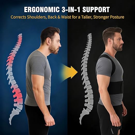 Back Brace Support Posture Corrector for Men – Full Back Support for Upper, Mid & Lower Back Pain Relief, Ergonomic 3-in-1 System Improves Posture & Helps with Slouching, Rounded Shoulders (1, Large)