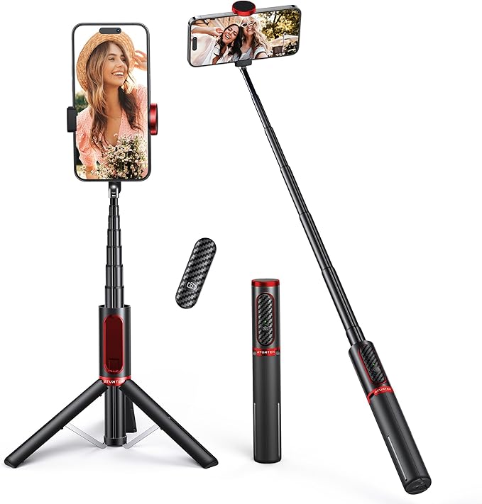 ATUMTEK Selfie Stick Tripod, 3-in-1 Extendable Aluminum Phone Tripod with Detachable Bluetooth Remote, Compatible with iPhone 17/16/15/14/13/12/11/11 Pro/XS Max/XR and Samsung Smartphones, Red