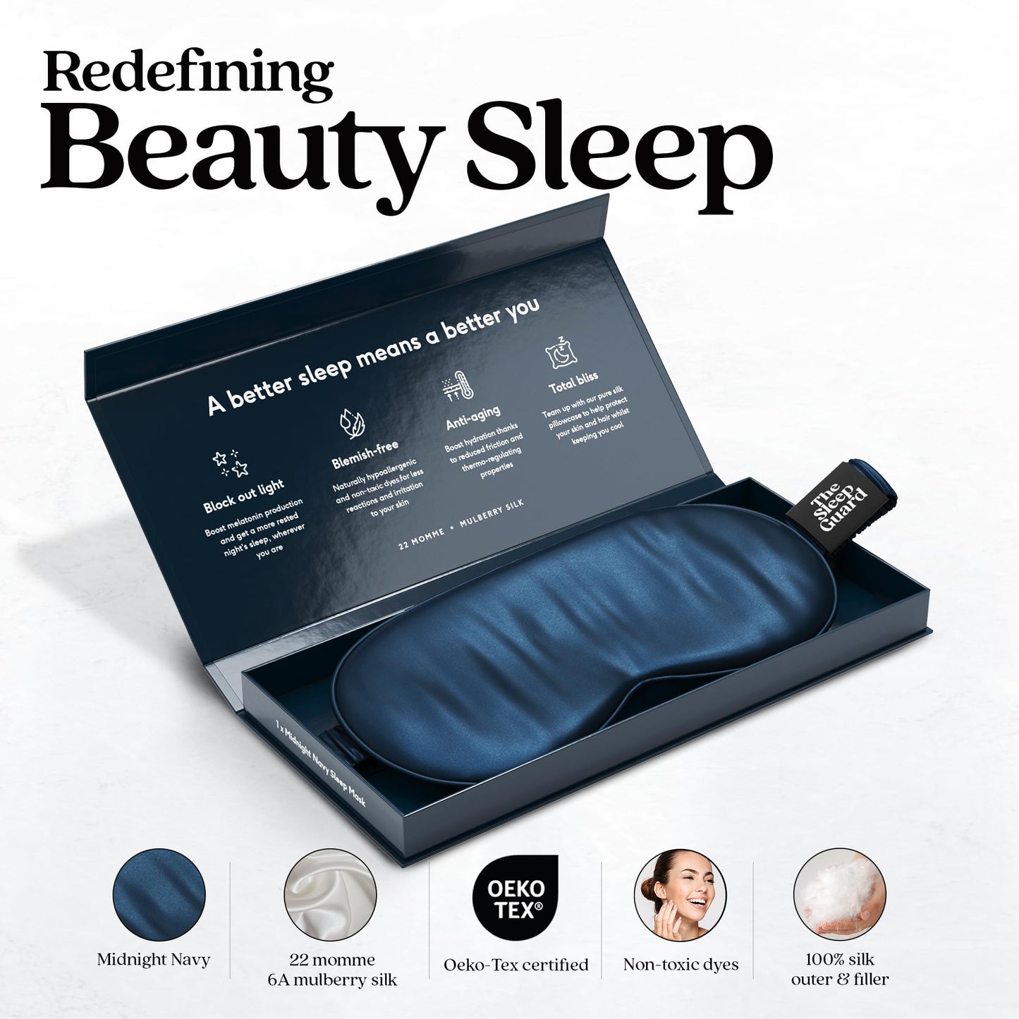 TheSleepGuard Pure Silk Sleep Mask [100% 6A Mulberry Silk, 22 Momme] Light Blocking Travel Essentials. Eye Masks for Sleeping. Black Oeko-Tex Blindfold. Eye Covers for Men & Women