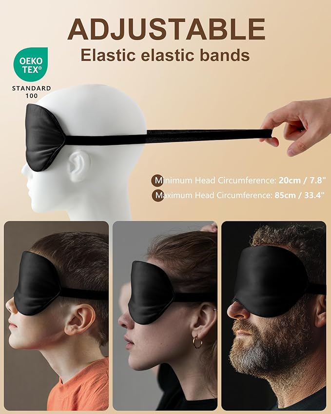 Silk Sleep Mask for Women - Soft Breathable Organic Natural Mulberry Silk Fabric Blackout Eye Mask for Sleeping with Adjustable Straps No Pressure Eye Mask for Travel Essentials Gifts (Black)