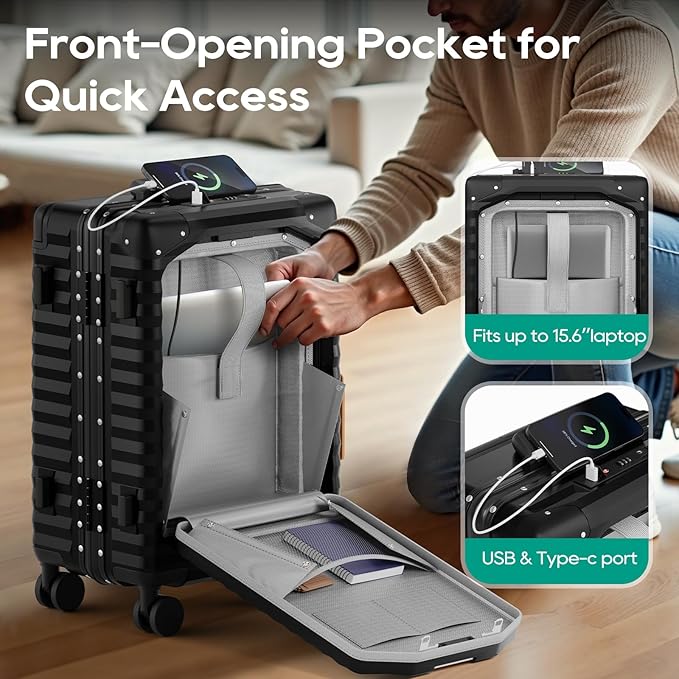 Joyway 20 Inch Carry on Luggage with Aluminium Frame and Front Pocket, PC Hardshell Suitcase with USB Port and Cup Holder, 21.5x14.2x9 Airline Approved, Luggage with Spinner Wheels and TSA Lock(Black)