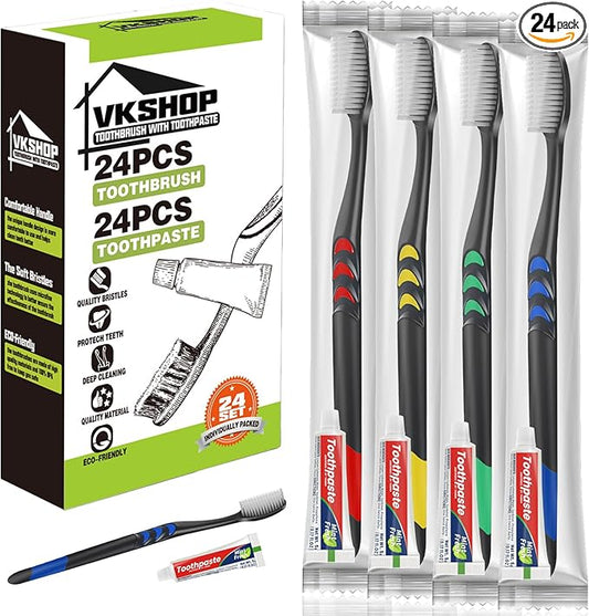 24 PS Individual Wrapped Travel Toothbrush Set with Toothpaste, Bulk Disposable Toothbrushes Kit，Soft Toothbrushes for Adults for Travel, Hotel, Business Trips，Daily Backup（Black,Toothpaste 5g）