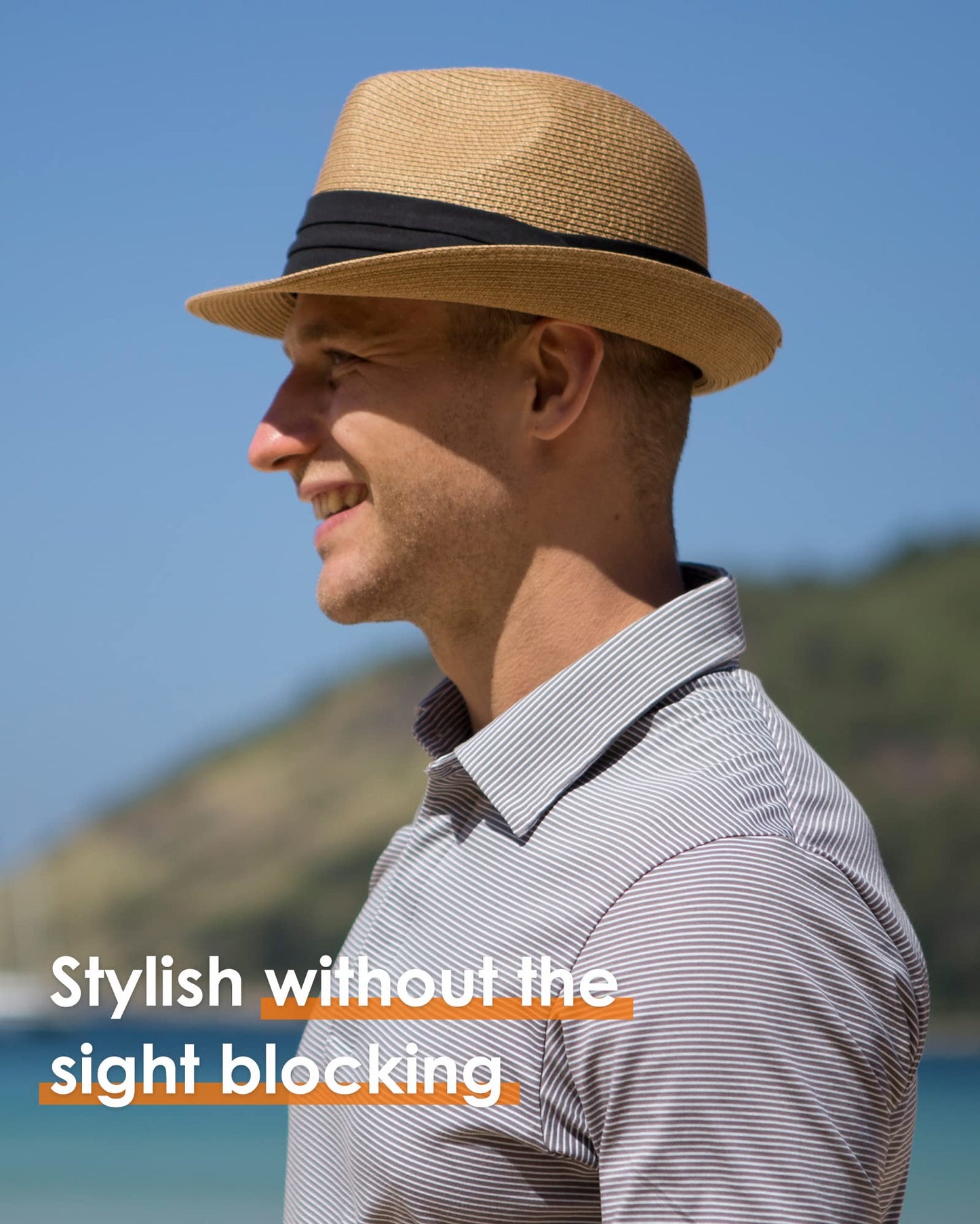 FURTALK Fedora Straw Sun Hat for Men Women Short Brim Panama Beach Hat UPF 80+ Khaki