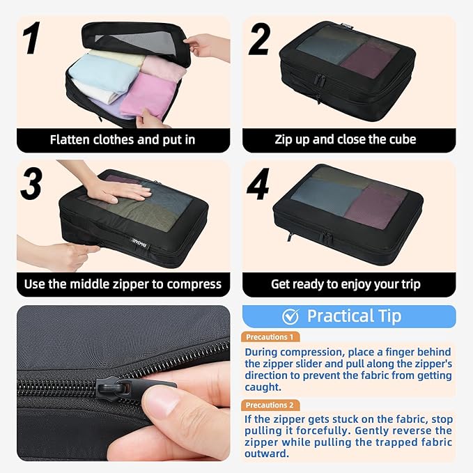 BAGAIL 4 Set/6 Set/8 Set Compression Packing Cubes Travel Accessories Expandable Packing Organizers (Square Mesh, 06-Black)