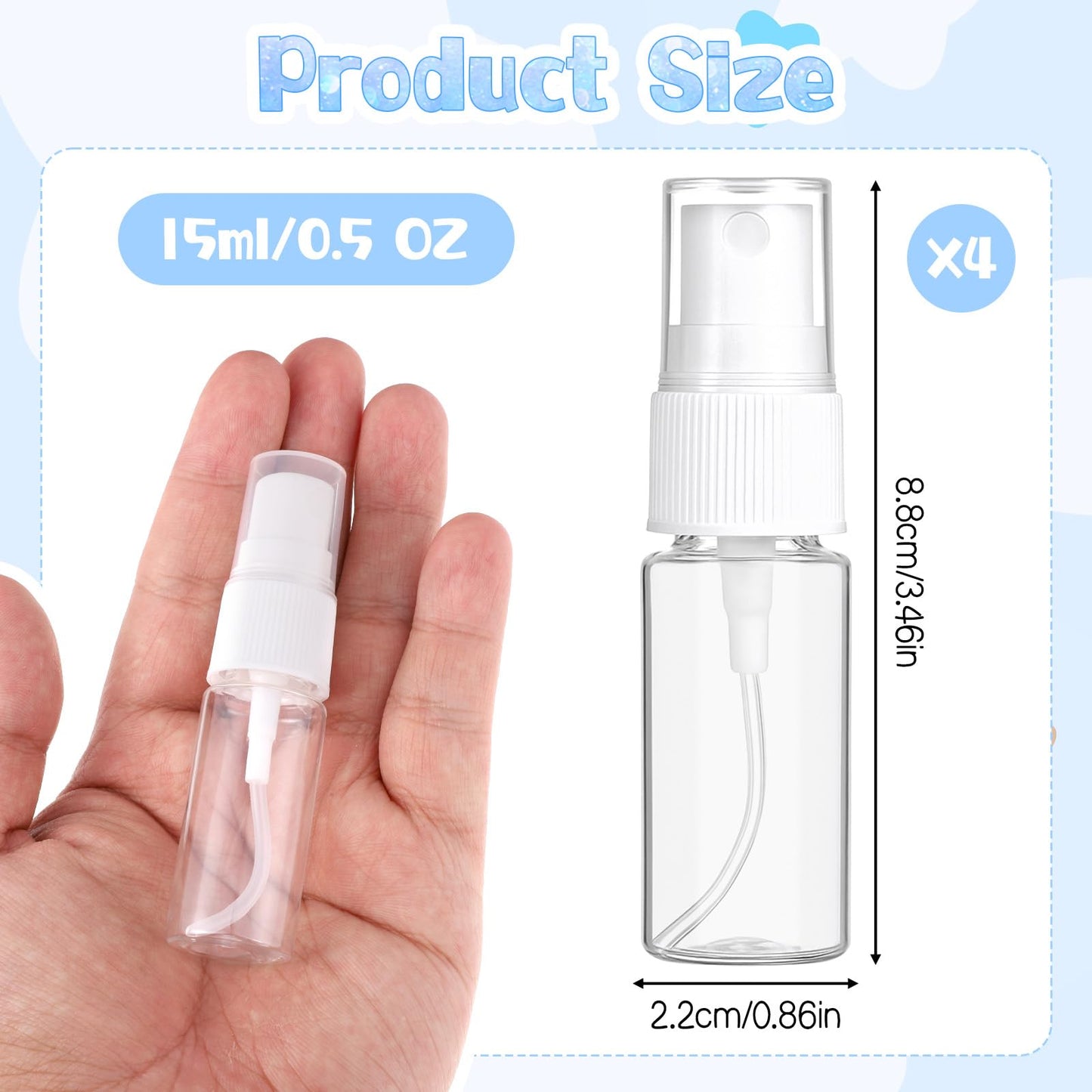 FdcZeyxior 4 PCS Travel Spray Bottle, Mini Spray Bottles Plastic Fine Mist Spray Bottles Small Refillable Travel Bottle Empty Liquid Container for Perfume, Care Liquid, Cosmetics (0.5 Oz/15ml)