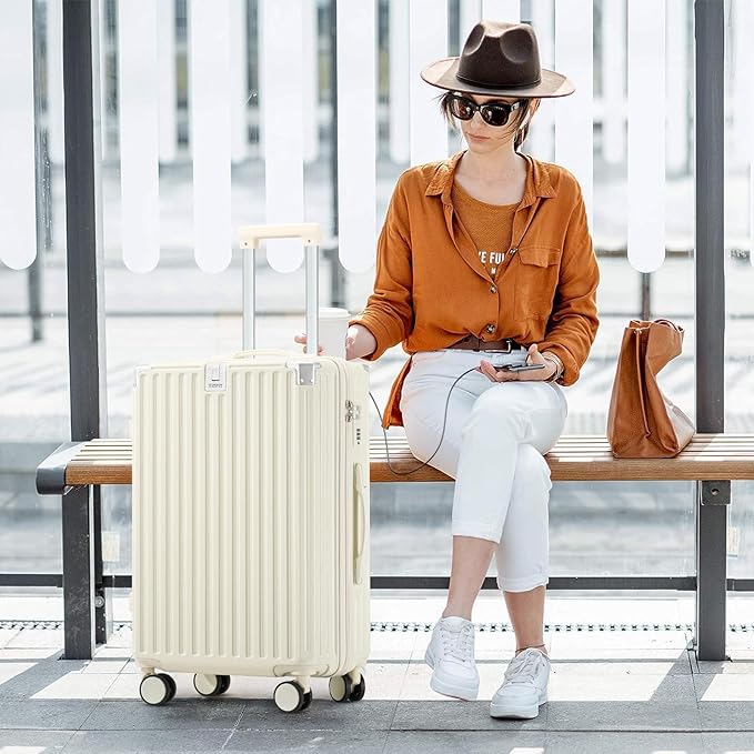 20 Inch Carry On Luggage With Cup Holder & USB Port, Airline Approved TSA-locked Luggage, Lightweight PC Material Travel Suitcase With 360° Spinner Wheel (20in-White, 20in)