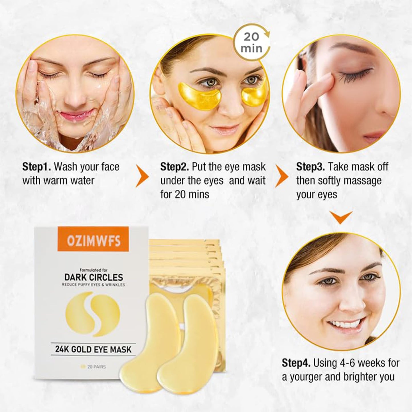 OZIMWFS Organic 24K Gold Eye Mask with Collagen. Treatments reduce Puffy Eyes and Dark Circles Reduce Wrinkles and Fine lines
