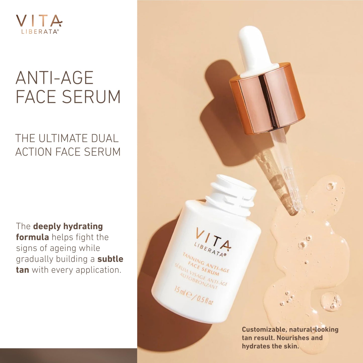 Vita Liberata Anti-Age Face Serum - Dual Action Serum, Deeply Nourishing & Hydrating, Customizable Tan, Formulated with Bakuchiol & Organic Botanicals, 30ml / 0.5 fl oz