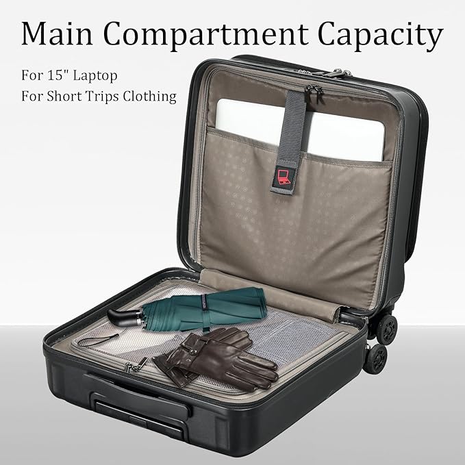 16 Inch Carry On Luggage with 2 Compartments for 14” & 15” Laptop, 16.14*8*17.12” Rolling Briefcase, Lightweight Hardshell ABS+PC Suitcase with Spinner Silent Wheels, for Business Trip, Black