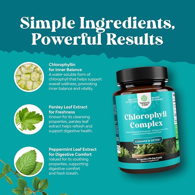 Chlorophyll Capsules for Cleanse and Detox Support - Internal Deodorant Pills for Body Odor with Mint & Parsley Extract Healthy Skin Immunity & Digestive Support - Vegan Non-GMO & Gluten Free (90ct)